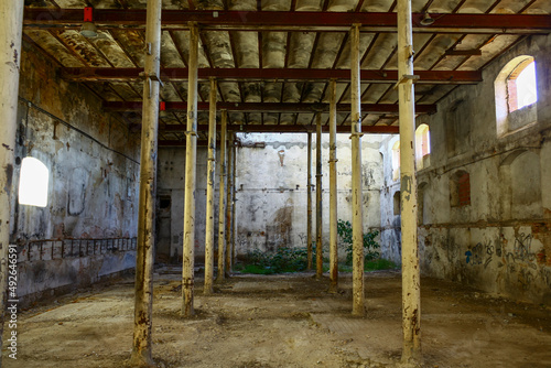 Interior view of column room in old abandoned sugar factory in Valladolid, Spain