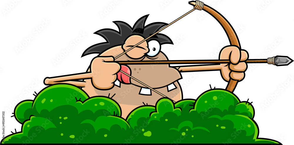Caveman Cartoon Character Aiming Bow And Arrow Hiding In Bush. Vector Hand  Drawn Illustration Isolated On White Background Stock Vector | Adobe Stock