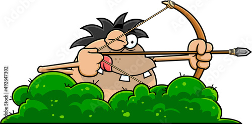 Caveman Cartoon Character Aiming Bow And Arrow Hiding In Bush. Vector Hand Drawn Illustration Isolated On White Background