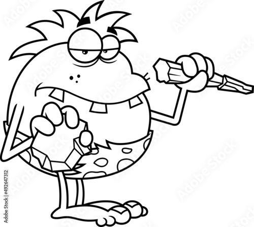 Outlined Toothy Caveman Cartoon Character Ready To Writing. Vector Hand Drawn Illustration Isolated On White Background