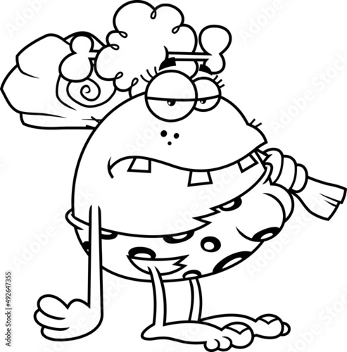 Outlined Toothy CaveWoman Cartoon Character With Club On His Shoulder. Vector Hand Drawn Illustration Isolated On White Background