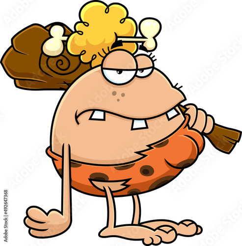 Outlined Toothy CaveWoman Cartoon Character With Club On His Shoulder. Vector Hand Drawn Illustration Isolated On White Background