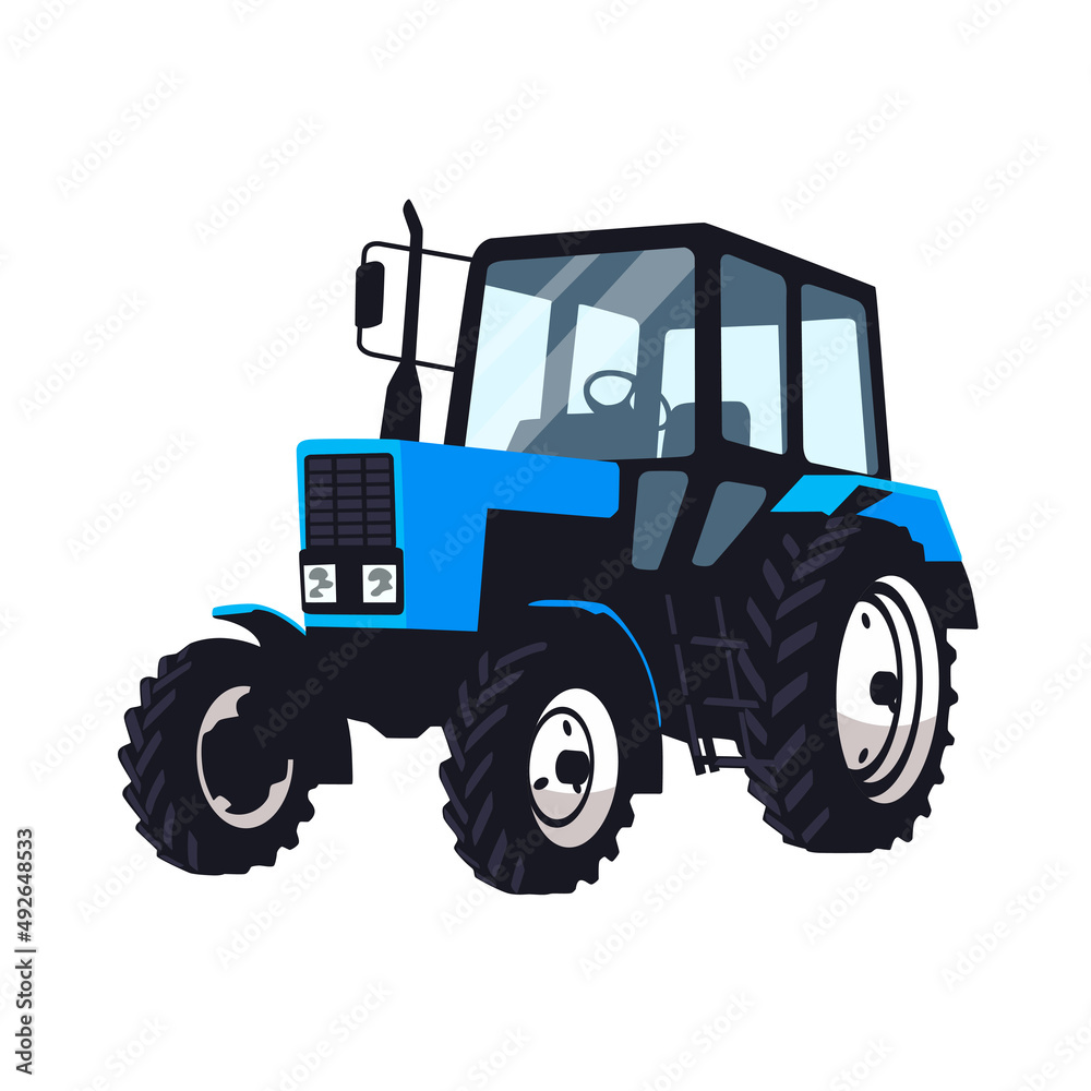 Obraz premium Blue tractor in a simple style isolated on a white background.