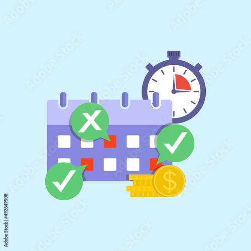 Economic calendar with marked red dates. Image of marked days of salary payments, advance payments, loans, taxes. Vector illustration isolated on white background.