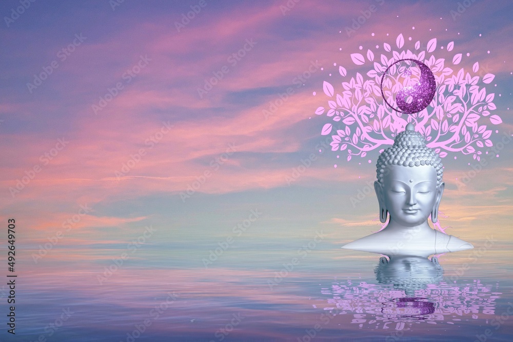 Spiritual background for meditation with buddha statue and yin yang symbol  Stock Photo | Adobe Stock