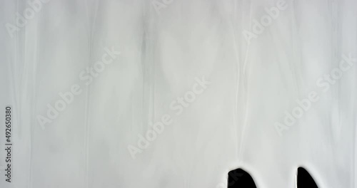Trickles of spilled white liquid flow down the black background. Isolated white paint spilled onto black paper.