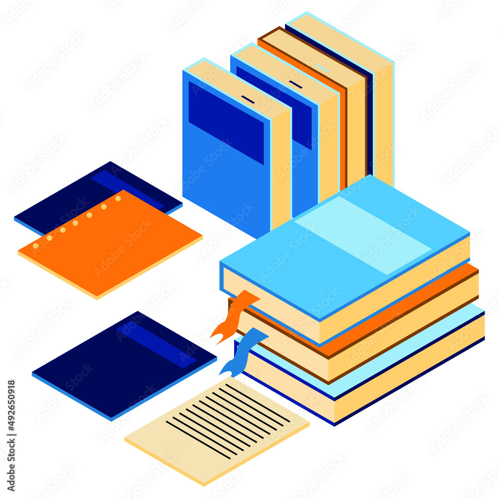  A collection of bookends. Isomeric books and notebooks. A collection of work supplies.Isoteric computer. Work desk. 