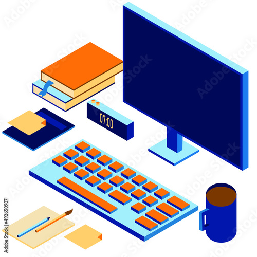  A collection of bookends. Isomeric books and notebooks. A collection of work supplies.Isoteric computer. Work desk. 