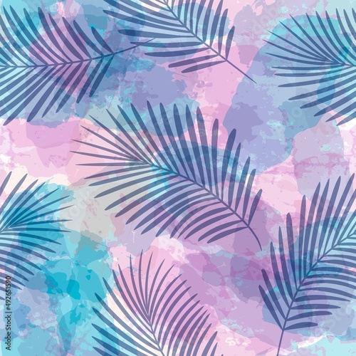 Tropical pattern, Exotic print, pink watercolor palm leaves seamless vector background. Leaves of palm tree, girly jungle print on brush stains