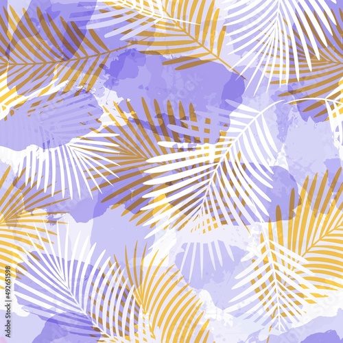 Tropical pattern, Exotic print, pink watercolor palm leaves seamless vector background. Leaves of palm tree, girly jungle print on brush stains