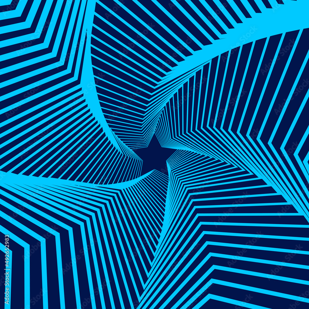 Twisted blue lines. Vector 3d tunnel made of geometric shape. Abstract graphic spiral on a dark background.