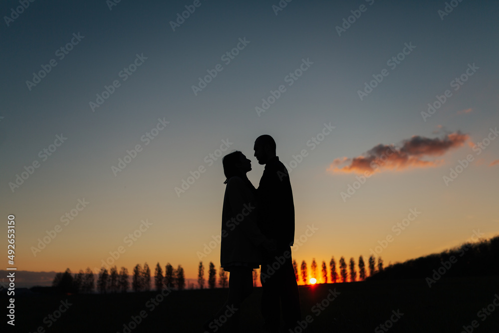 Couple in love want to kiss at sunset. Silhouette of two people on a background of beautiful evening sunset sky.