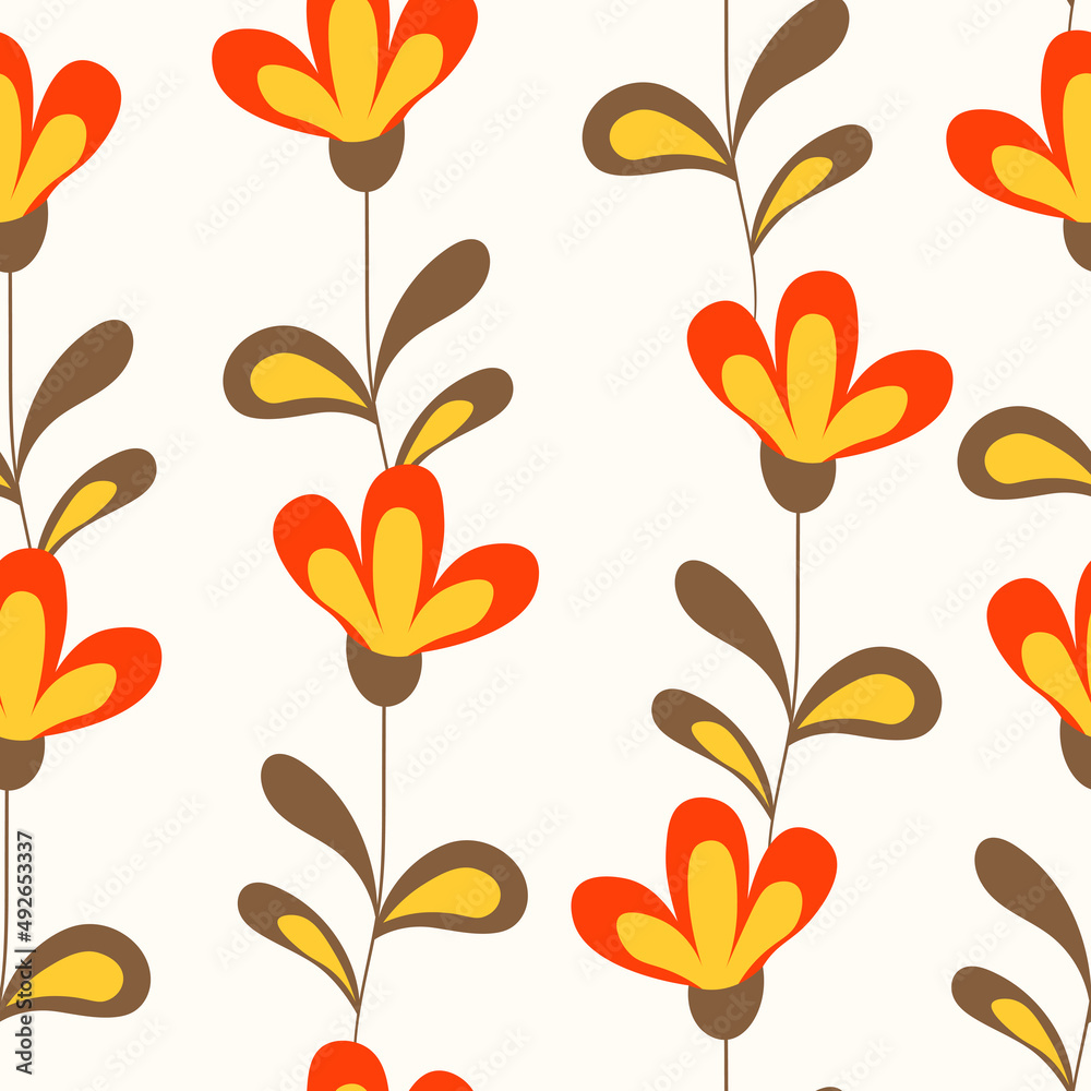 Seamless floral pattern based on traditional folk art ornaments. Colorful flowers on light background. Scandinavian style. Sweden nordic style. Vector illustration. Simple minimalistic pattern Seamless floral pattern based on traditional folk art ornaments. Colorful flowers on light background. Scandinavian style. Sweden nordic style. Vector illustration. Simple minimalistic pattern