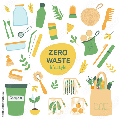 Zero waste lifestyle vector illustrations set. Eco style housekeeping. Set of ecology saving objects.