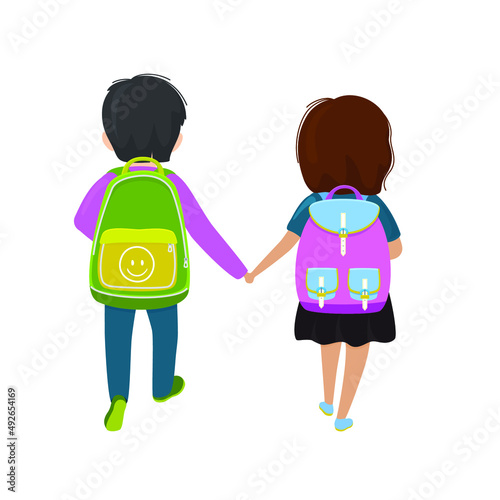 Backs of school kids with colorful backpacks moving in the street hold hands. Vector illustration.