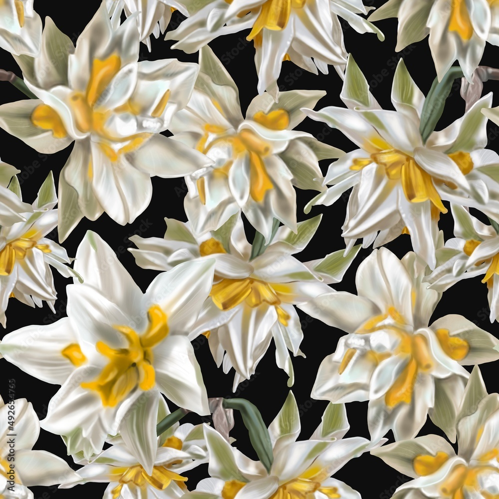 Obraz premium Watercolor seamless pattern. White terry tulips with yellow petals. Flowers Digital Print