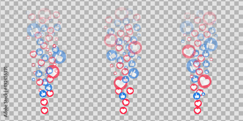 Likes hearts and thumbs flying up for stories and live streams. Like and thumbs icons for social media ui. Vector illlustration isolated in transparent background