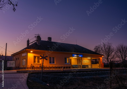 Station in LItovel town with sunrise colors on sky photo