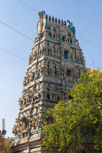 Beautiful view of colorful gopura in Balambika Temple / Sree Dandu Mariamman Temple, Bangalore South India