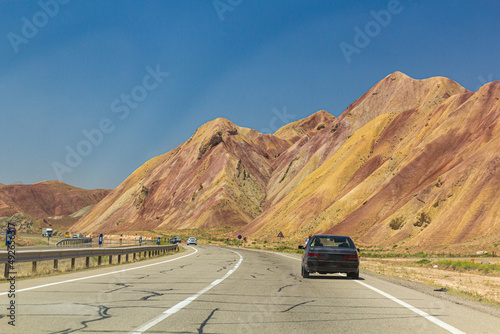 Freeway through colorful rainbow Aladaglar mountains in Eastern Azerbaijan, Iran