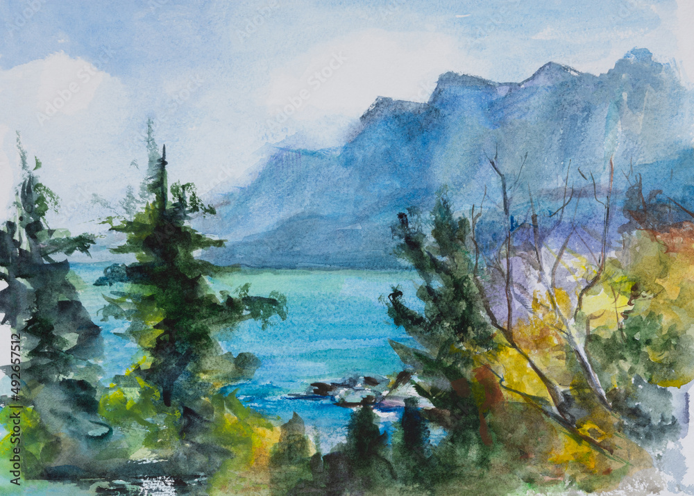 Sea mountains watercolor. Summer colorful landscape. View of the turquoise sea, trees, blue mountains. Original watercolor painting. Summer seashore. The concept of tourism, recreation, travel