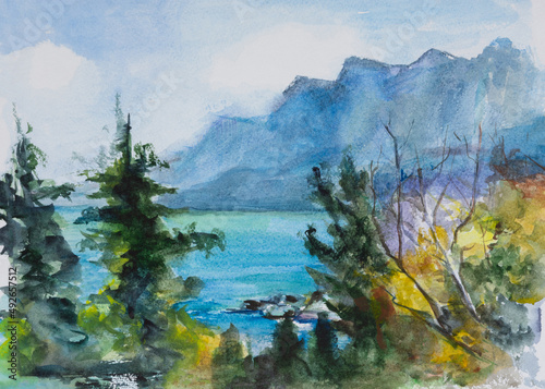 Sea mountains watercolor. Summer colorful landscape. View of the turquoise sea, trees, blue mountains. Original watercolor painting. Summer seashore. The concept of tourism, recreation, travel © Anna Pismenskova