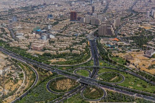 Aerial view of Hemmat and Sheikh Fazlollah Nuri Expressways crossing in Tehran, capital of Iran.