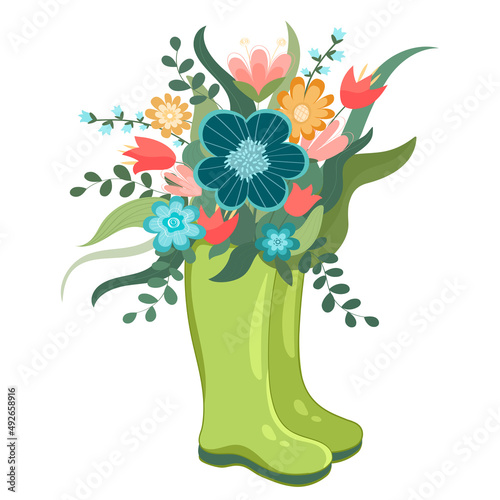 Vector illustration spring wellies boots with blooming bouquet spring flowers, cotton. Spring symbol flat style.