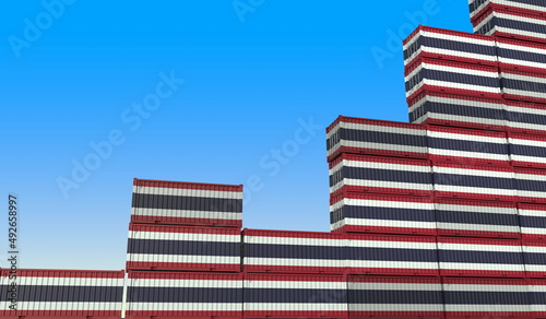 Flags of Thailand on cargo containers making a rising graph. Industrial growth related 3D rendering