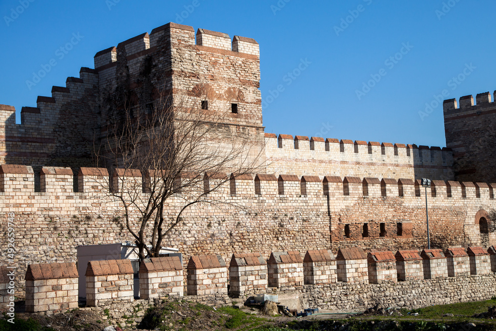 View of historical Istanbul walls at sunny day