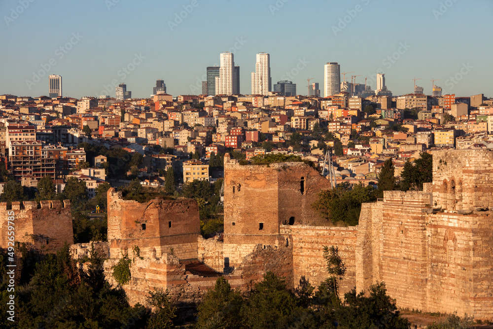 Istanbul cityscape with historical Byzantine walls