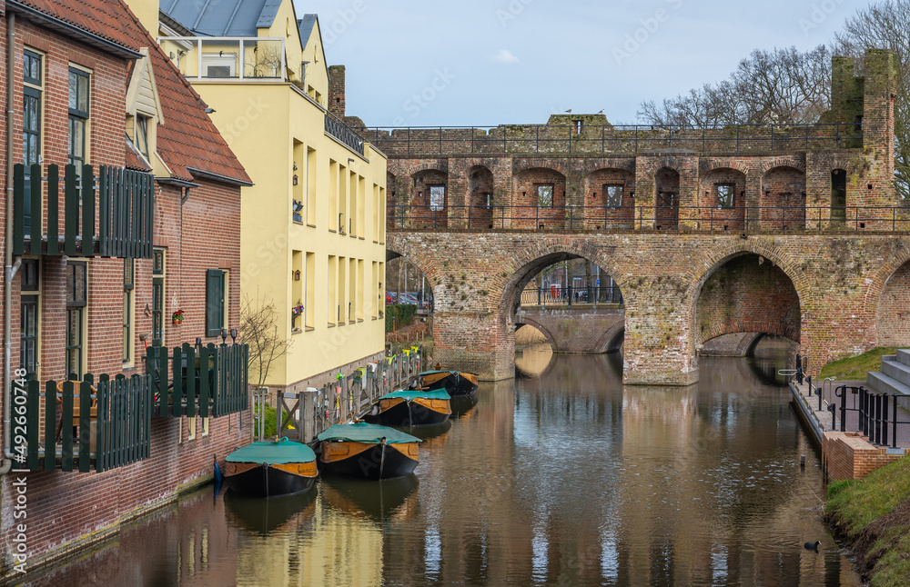View of historical water gate in the city of Zutphen known locally as Berkelpoort