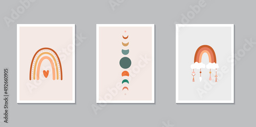 Bohemian kids poster collection. Child wall art. Boho rainbow and moon phases. Trendy decoration. Vector illustration