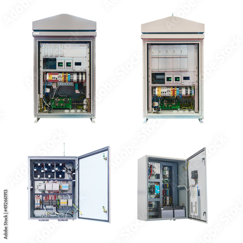 four electrical control Cabinet with open door isolated on white background