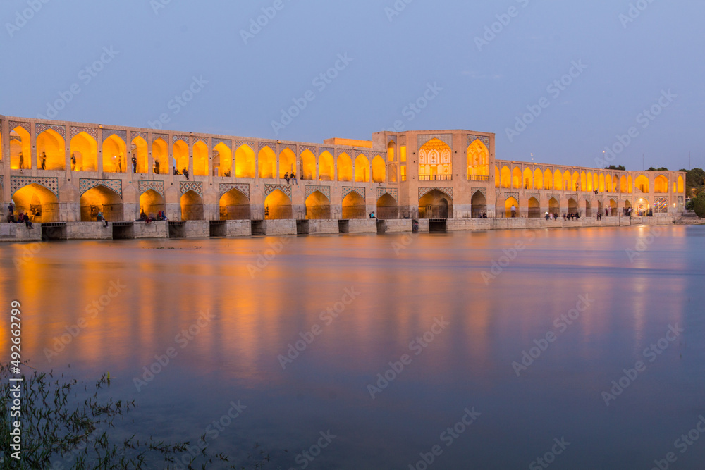 Evening view of Khaju bridge in Isfahan, Iran
