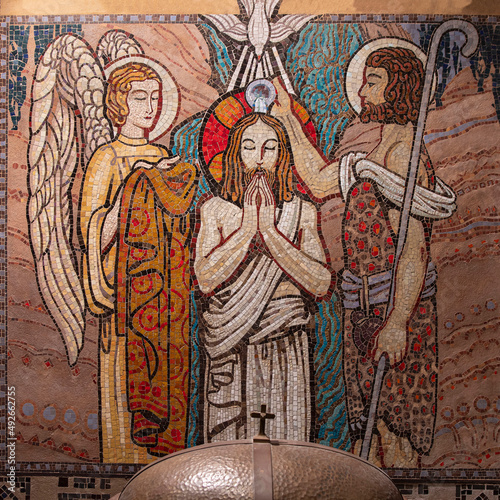 Colourful mosaic of the baptism of Jesus 