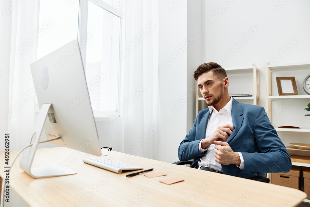 manager sitting at the computer work boss isolated background manager sitting at the computer work boss isolated background