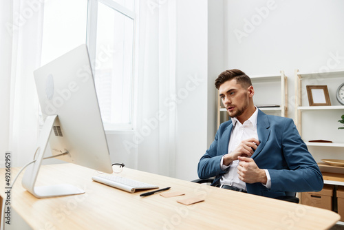 manager sitting at the computer work boss isolated background