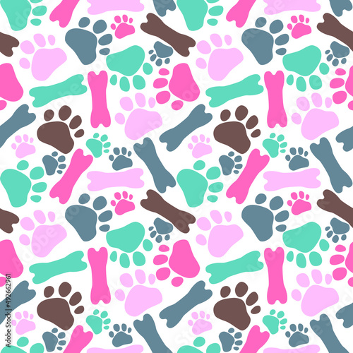 footprints of animal and bone, seamless pattern, color color paw prints of animal cat, dog and bone on white background, seamless pattern