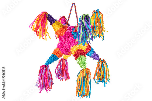 Colorful Mexican pinata used in birthdays and posadas isolated on white photo