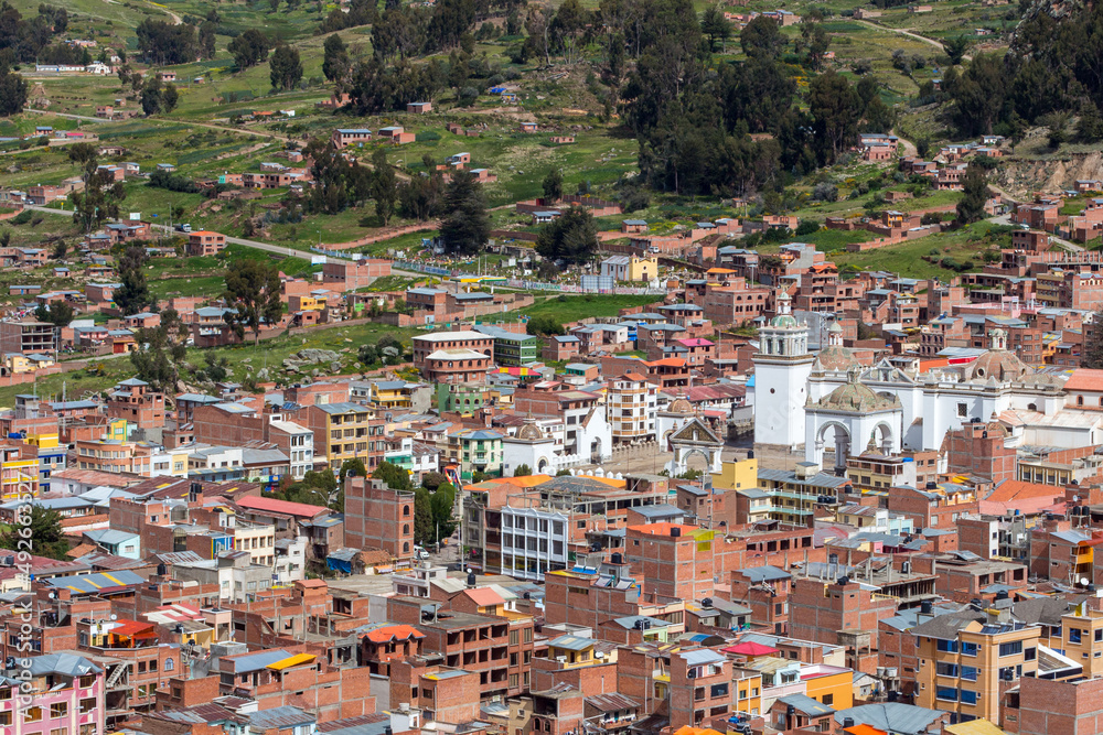 Panorama of Copacabana, Bolivia, on the shore of the Lake Titicaca, with its colored houses.