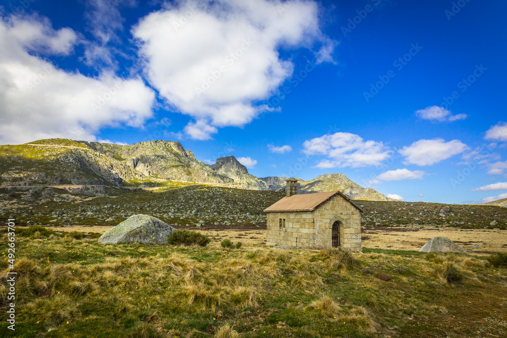Beautiful mountain landscape view of the central massif of Serra da Estrela - Portugal with the little St. Anthony´s chapel Beautiful mountain landscape view of the central massif of Serra da Estrela - Portugal with the little St. Anthony´s chapel
