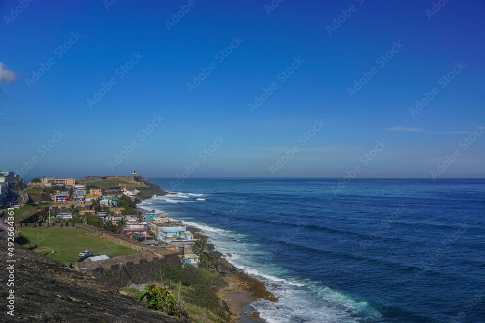 Fototapeta premium Old San Juan, Puerto Rico, USA: View of the historic La Perla neighborhood, from Fort San Cristobal.