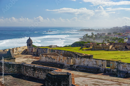 Old San Juan, Puerto Rico, USA: View of a sentry box and the Atlantic Ocean from the top of Fort San Cristobal, also known as Castillo San Cristobal.