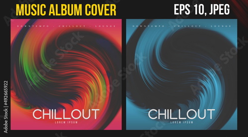 Music Album Cover Art. Abstract Vector Design of CD Cover and Vinyl Record. Electronic Music Album Presentation. Futuristic Color Visual Elements. Geometric Motion Background and Texture.