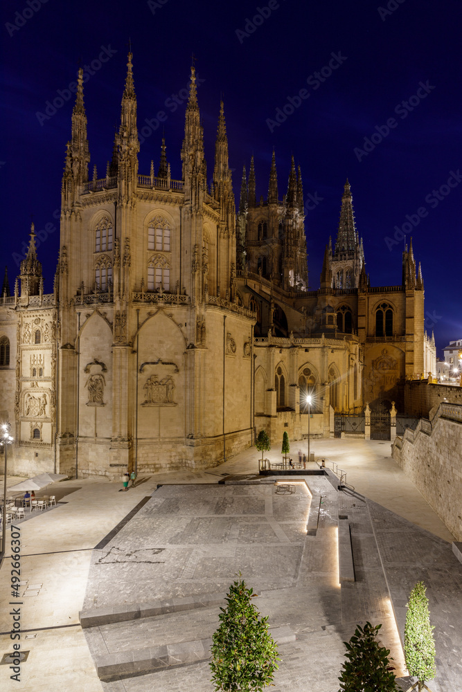 burgos cathedral at night, castilla y leon, spain.