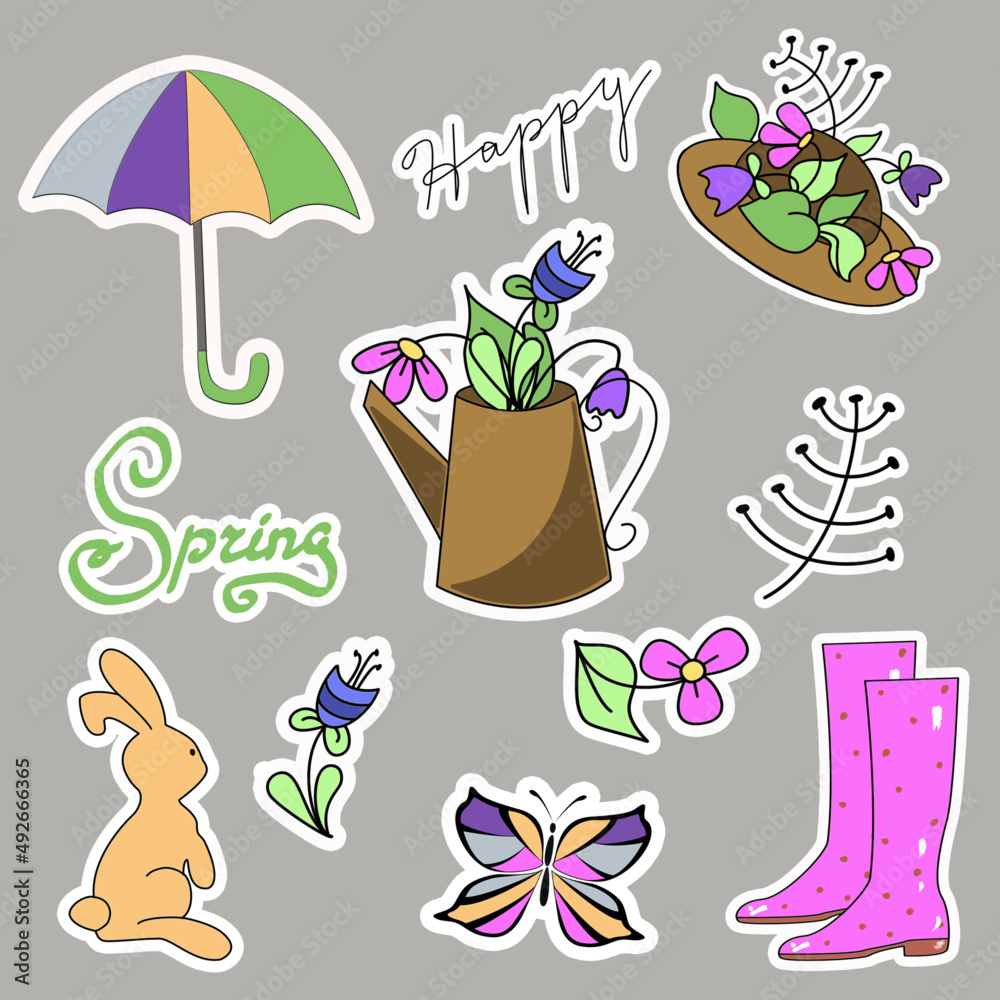Naklejka premium Set of colorful spring stickers drawn by hand.