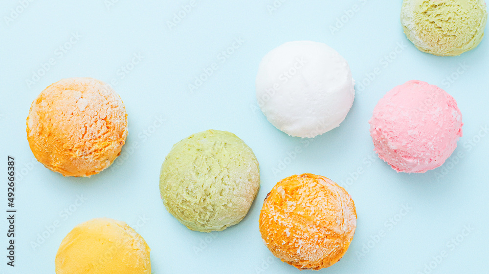 Set of natural ice cream balls. Banner for ice cream cafe Set of natural ice cream balls. Banner for ice cream cafe