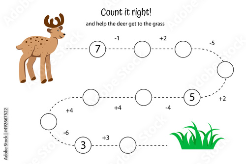 Math game for preschoolers. score is up to 10. Addition and subtraction worksheet. Help deer get to grass.