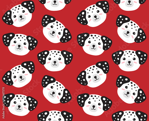 Vector seamless pattern of flat hand drawn Dalmatian dog face isolated on red background